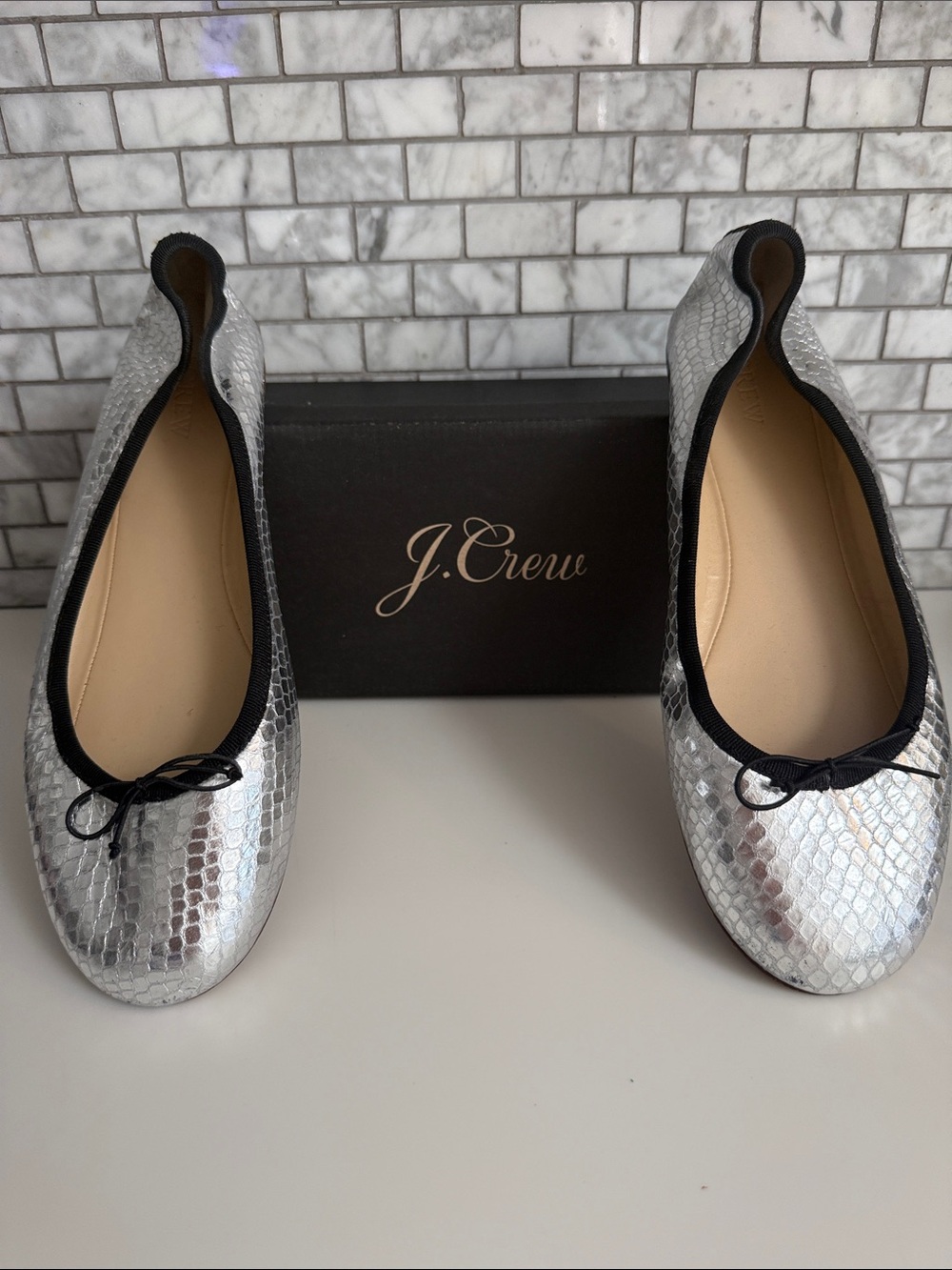 J. Crew Silver Metallic Snakeskin Ballet Flats with Black Trim